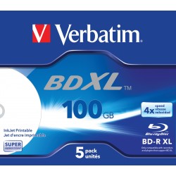 Verbatim BD R XL 100GB 4x Ampia area stampabile a getto dinchiostro, 5 pezzi in Jewel case 437895