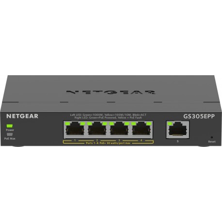 Netgear 5 Port Gigabit Ethernet High Power PoE Plus Switch GS305EPP Gestito L2L3 Gigabit Ethernet 101001000 Supporto...